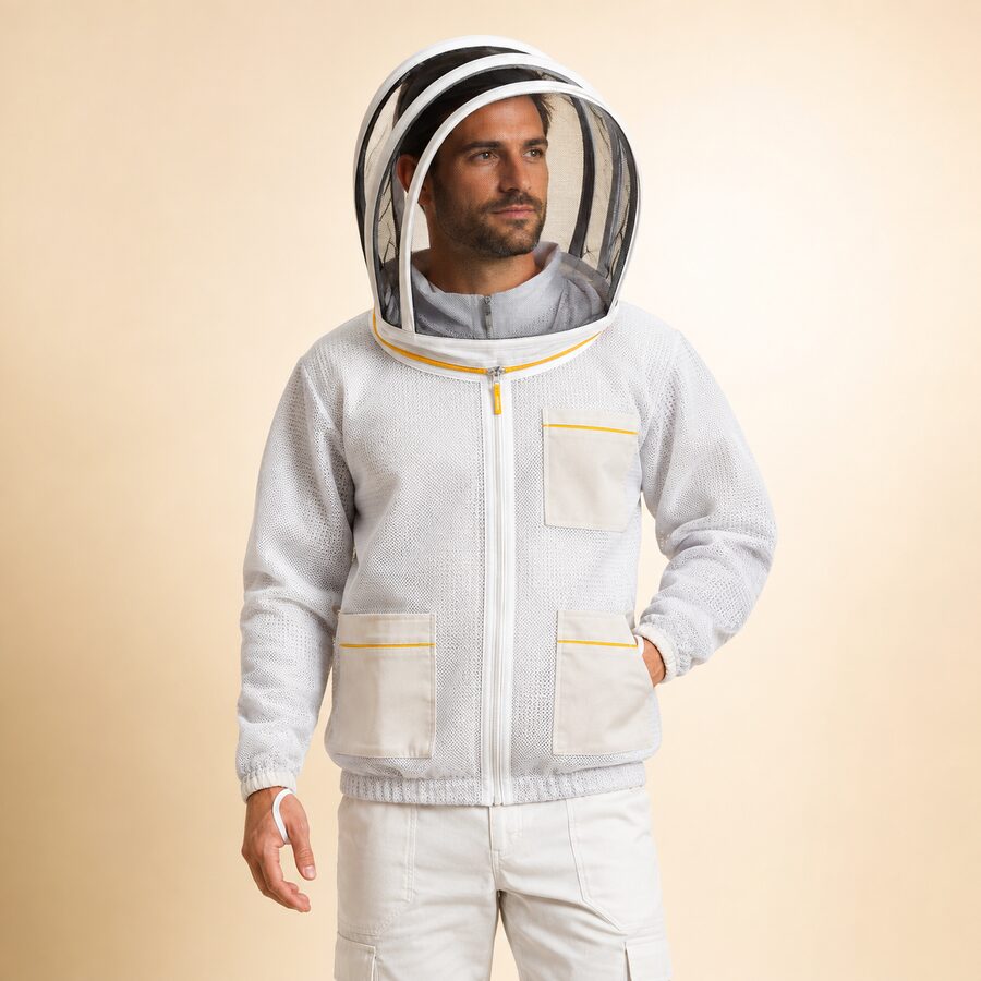 Man wearing a 3 layer mesh ultra vented beekeeping jacket