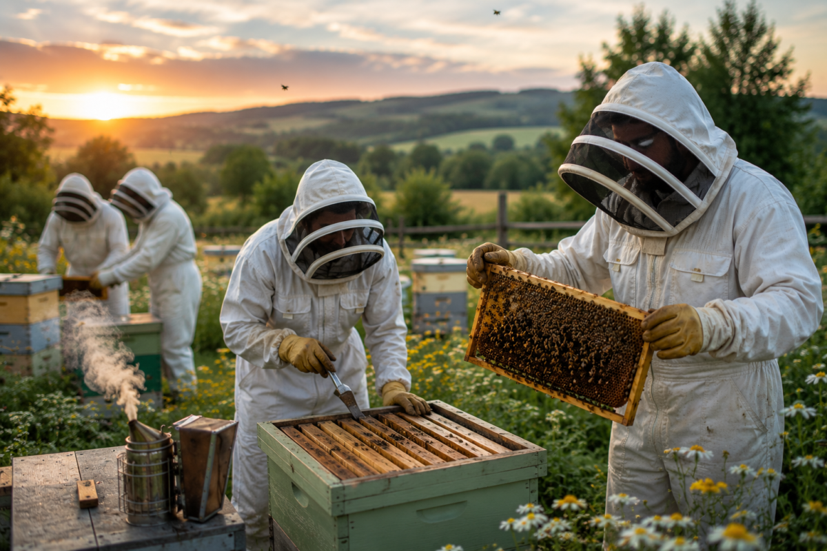 Beekeeper wearing protective bee suit and gloves while inspecting hive to prevent bee stings