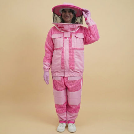 Pink 3-Layer Ventilated Beekeeping Jacket & Pant Set with Dual Veils, Protective Gloves & Ankle Protectors